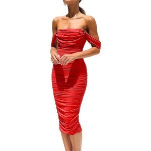 Women's Red Summer Dress Shoulder Off & Bodycon Party Midi Dress